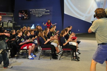 Shooting an episode of Totally Patriots inside The Hall at Patriot Place